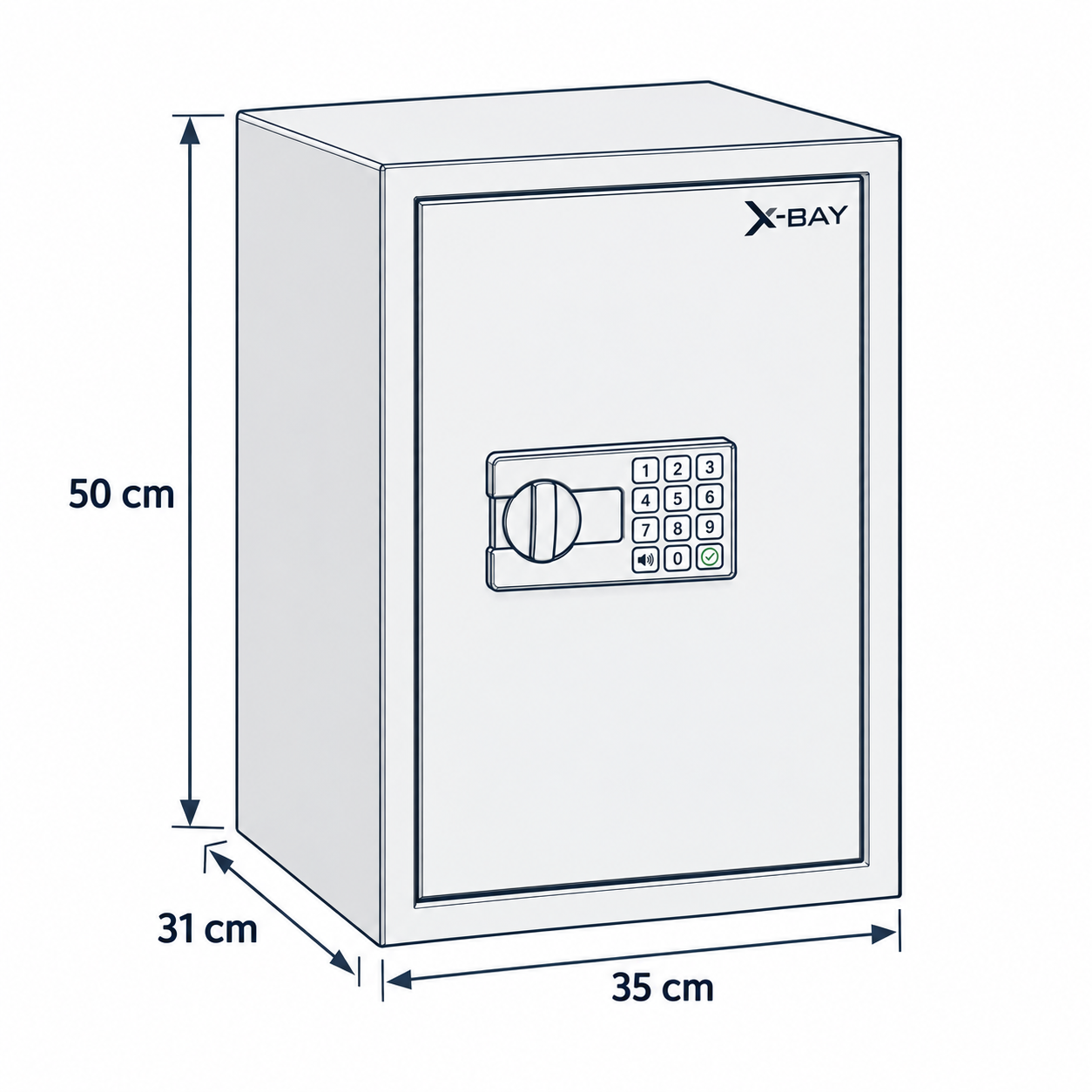 X-Bay XB-5000 teknik çizimi; 35 cm genişlik, 50 cm yükseklik ve 31 cm derinlik